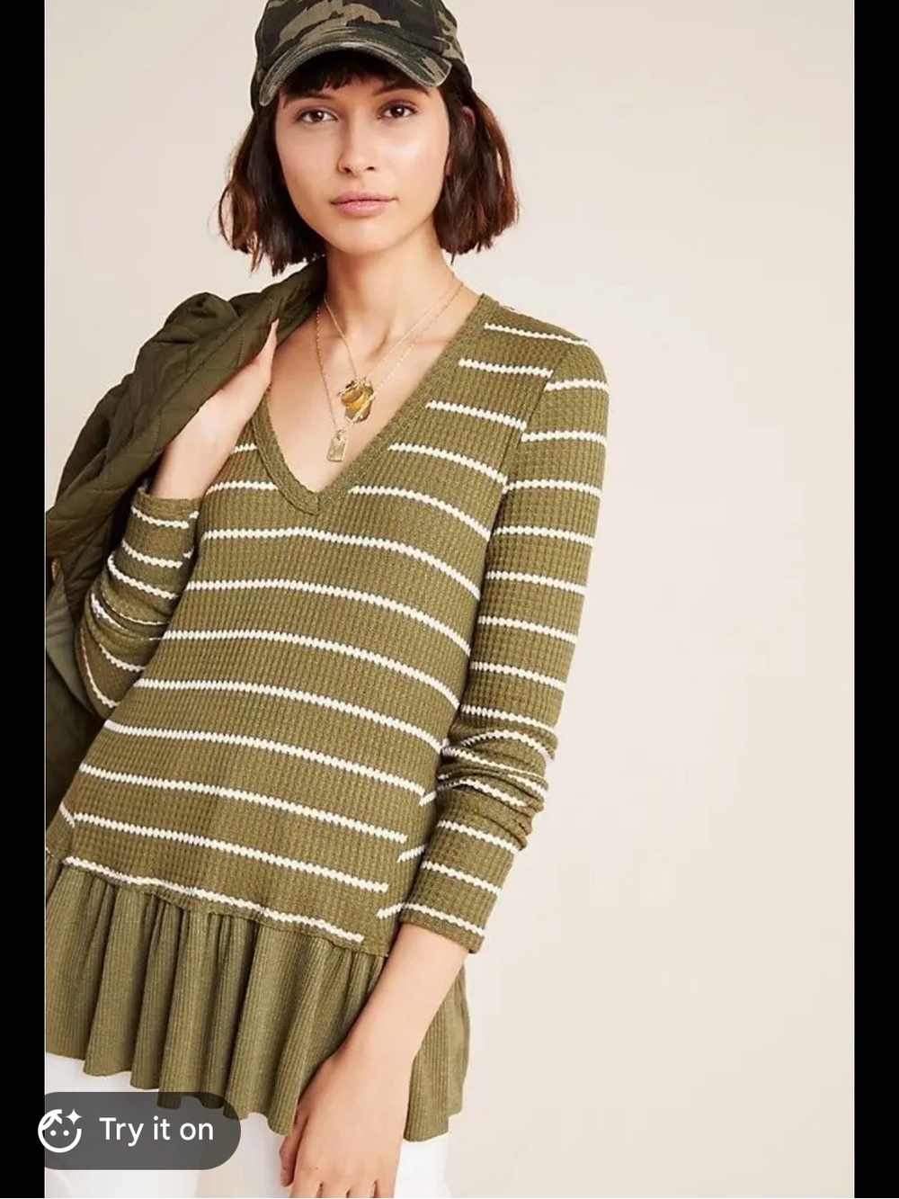 Eri + Ali Striped V-Neck Ruffled Hem Top - Olive